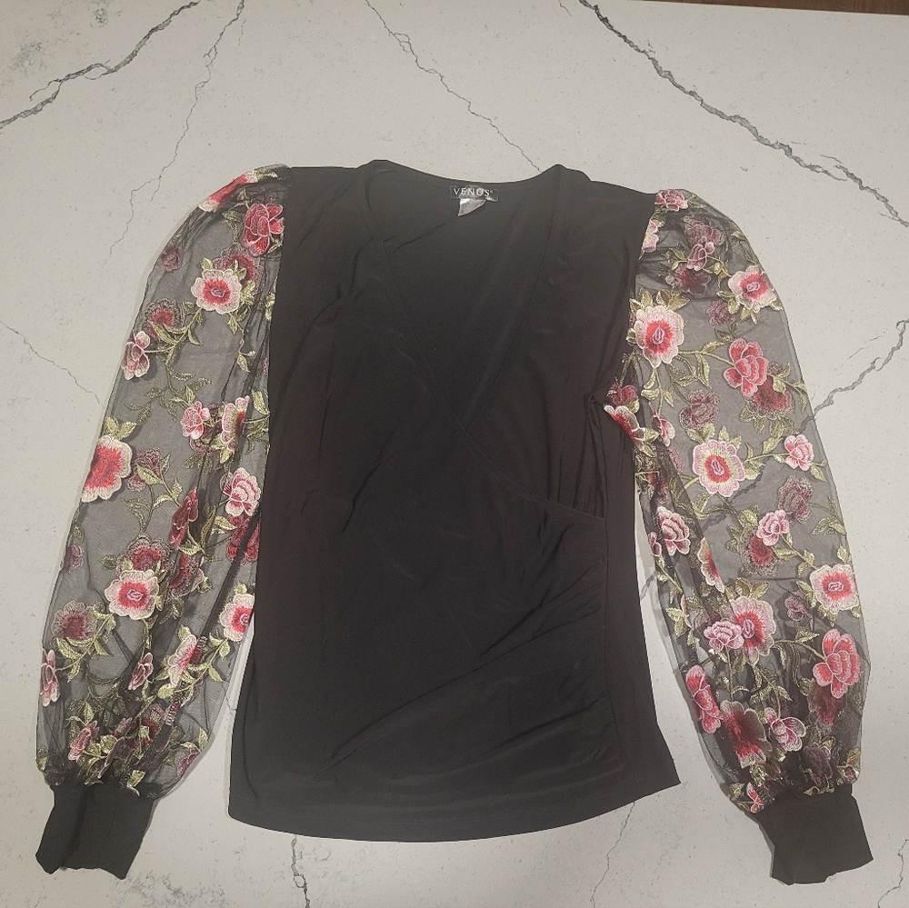 Black Top with Floral Mesh Sleeves